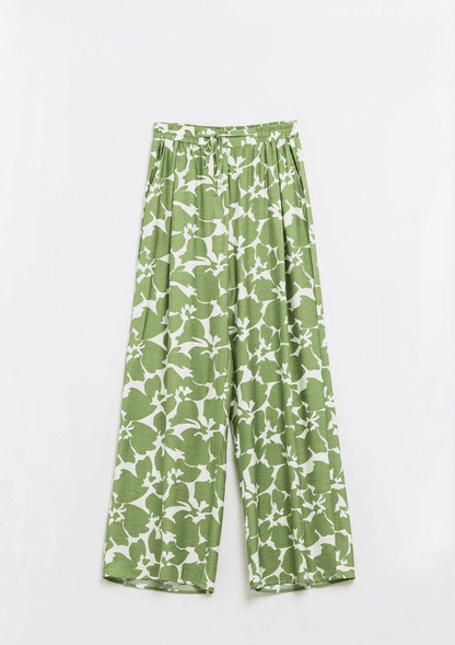 Elasticated Wide Leg Pant in Green Floral