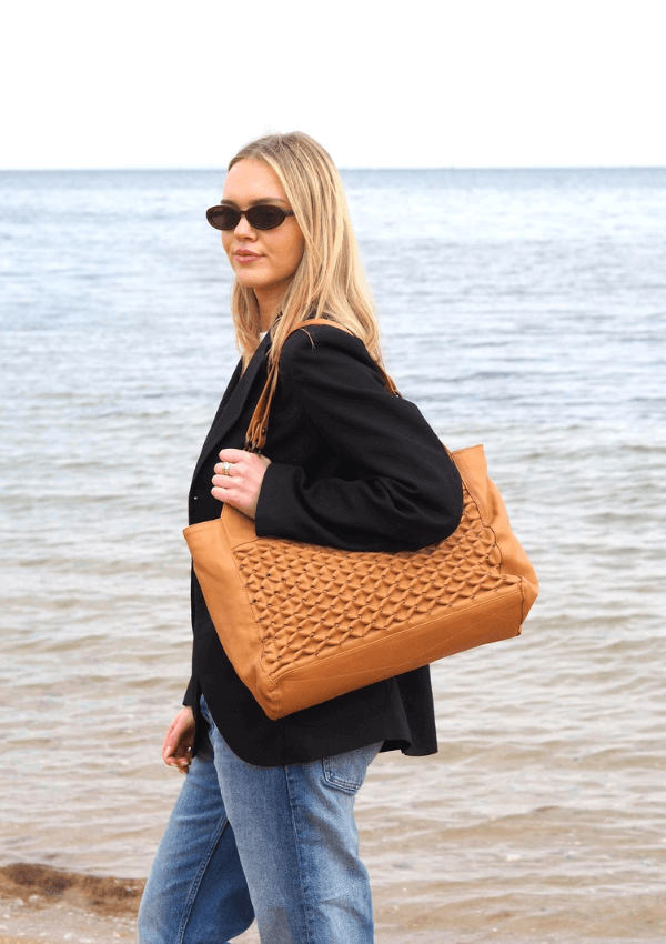 Tan Leather Tote with Texture - Cadelle Leather 