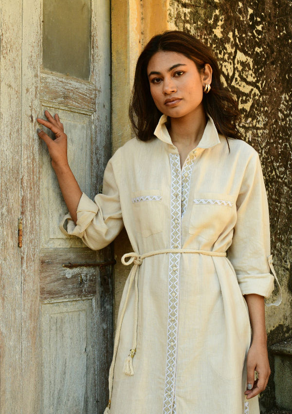 Linen shirt dress with embroidery - Azure and Indigo