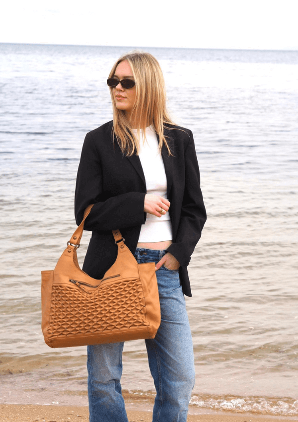 Tan Leather Tote with Texture - Cadelle Leather 