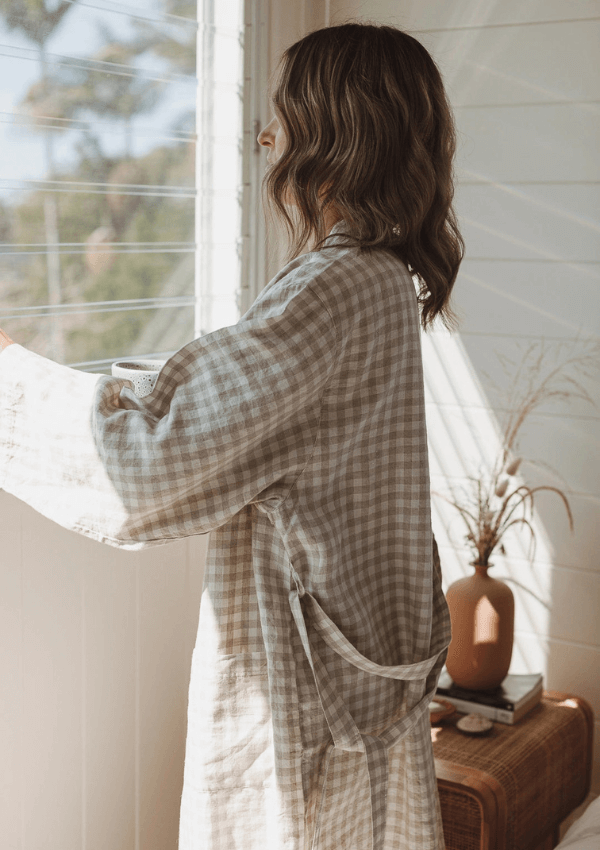 Gingham check linen gown - Linen Label 