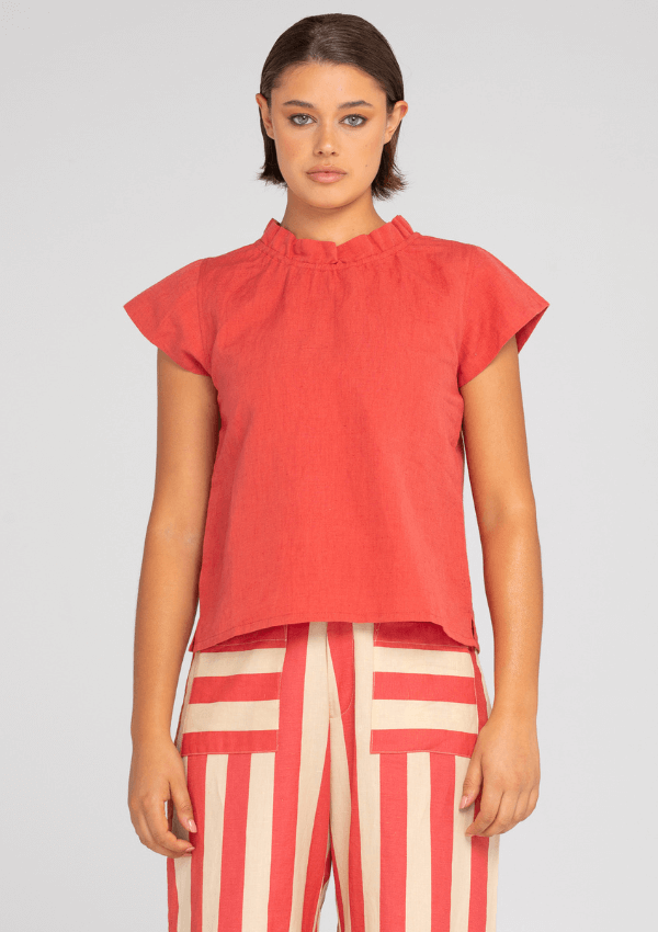 High neck linen short sleeve blouse - Boom Shankar