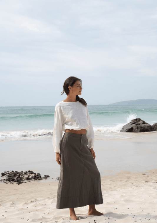 Gia Khaki Linen Skirt