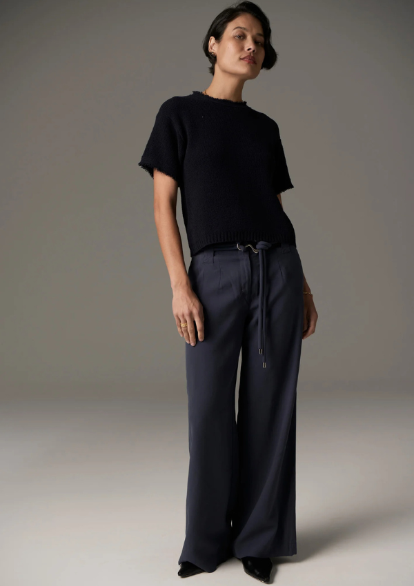 Soft wide leg pant in slate with belt - Knit Tee with fringe - POL Clothing 