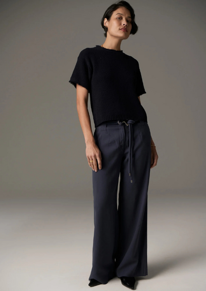 Soft wide leg pant in slate with belt - Knit Tee with fringe - POL Clothing 