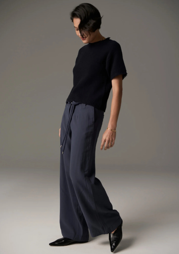 Soft wide leg pant in slate with belt - Knit Tee with fringe - POL Clothing 