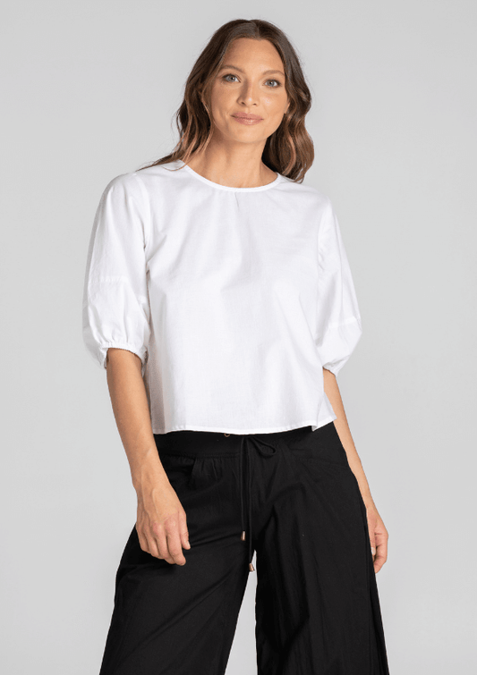 Round neck white cotton blouse - Boom Shankar