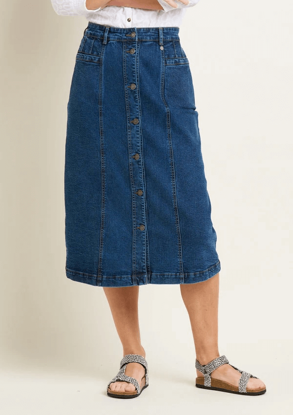 Button Front Denim Midi Skirt