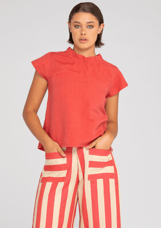 High neck linen short sleeve blouse - Boom Shankar