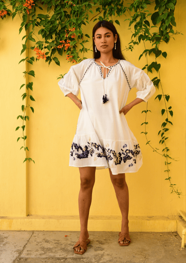 Embroidered resort wear dress - Azure and Indigo