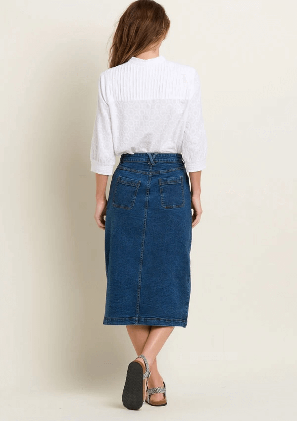 Button Front Denim Midi Skirt