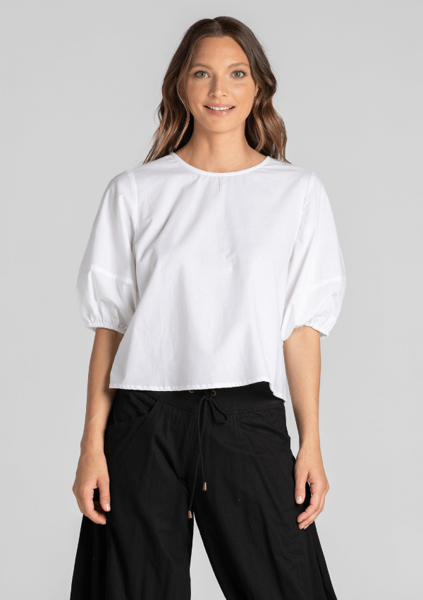 Round neck white cotton blouse - Boom Shankar