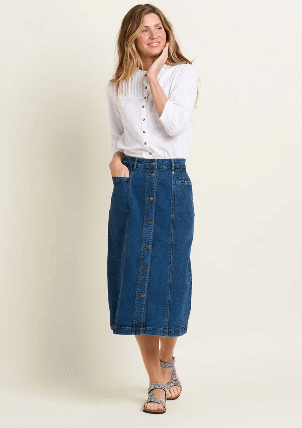 Button Front Denim Midi Skirt