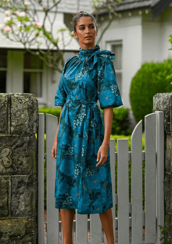 Blue floral dress with bows - Wyatt Wylde 