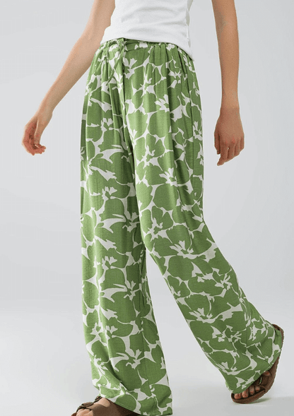 Elasticated Wide Leg Pant in Green Floral