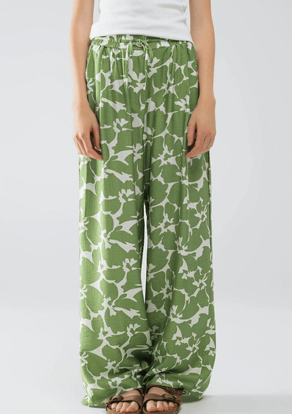 Elasticated Wide Leg Pant in Green Floral