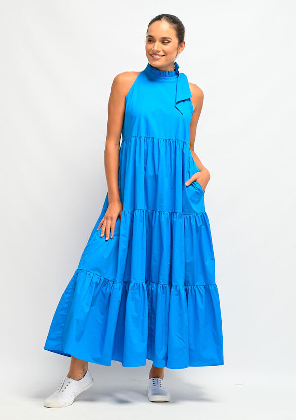 Ruffle neck halter dress in Sapphire blue - Wyatt Wylde