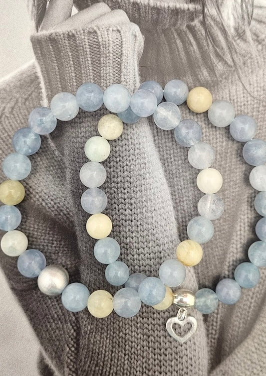 Aquamarine stone bracelet with LOVEbomb heart charm - LOVEbomb/Sacred by Design 