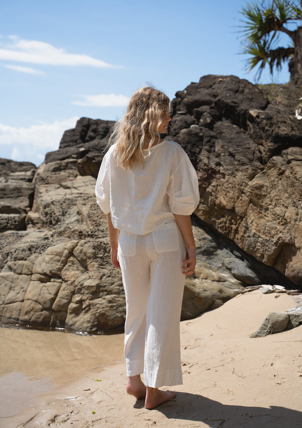 White linen top with dropped hem and puff sleeve - Lilly Pilly Collection