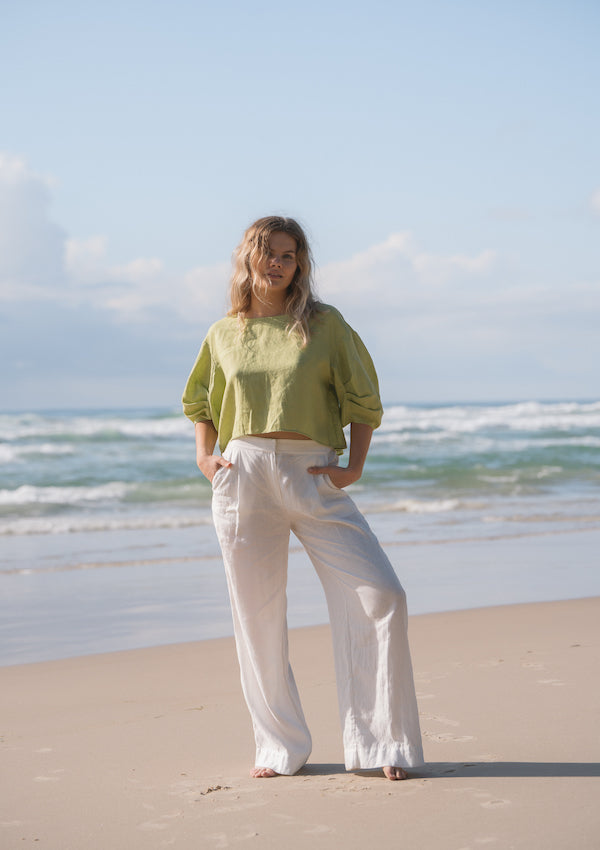 Green linen top with elbow length sleeve - Lilly Pilly Collection