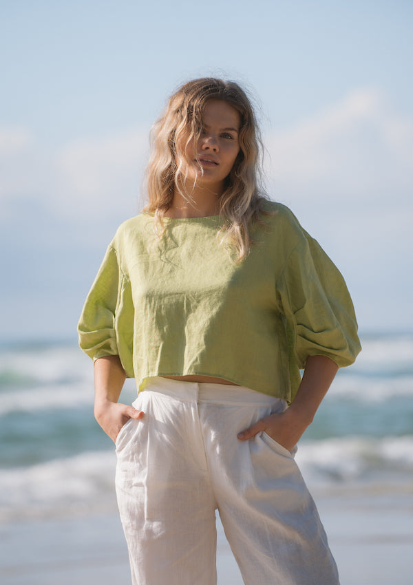 Lemongrass green linen top with puff sleeve and boatneck - Lilly Pilly Collection