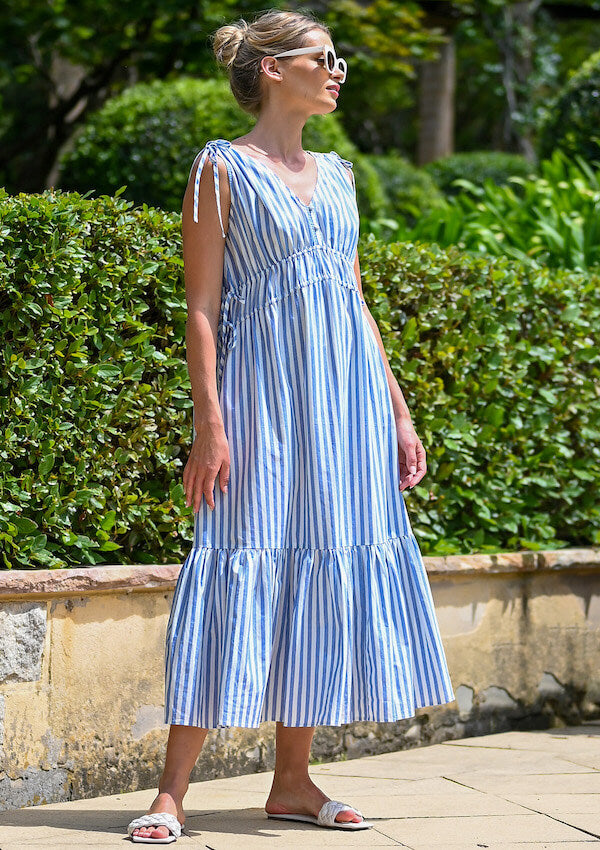 Sleeveless V-Neck striped maxi dress in blue and white stripe - Wyatt Wylde