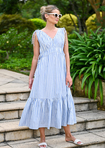 Blue and white striped maxi with waist ties - Wyatt Wylde