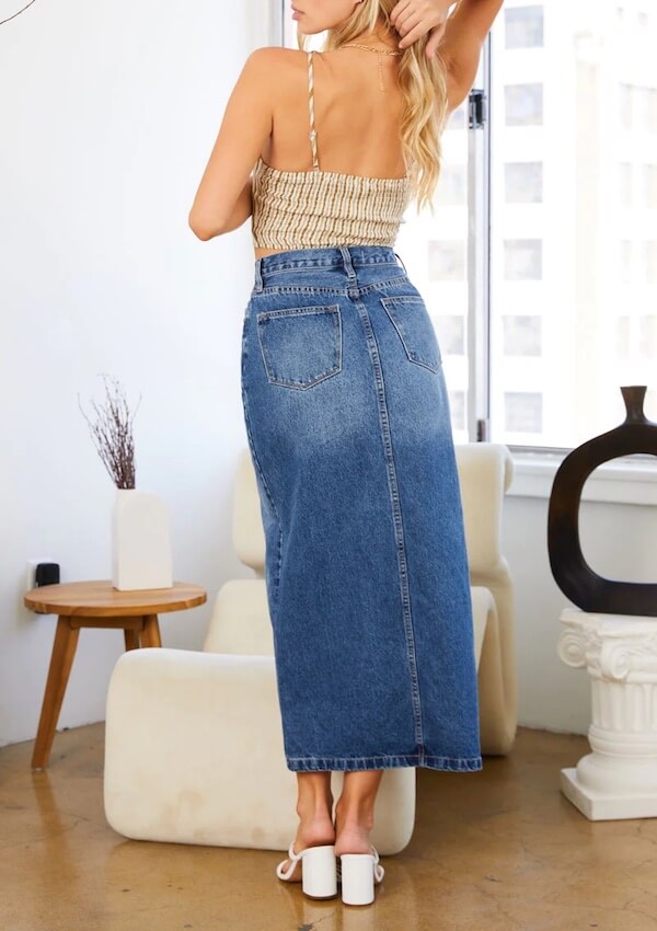 Vintage wash mid blue long maxi skirt in denim - KanCan USA